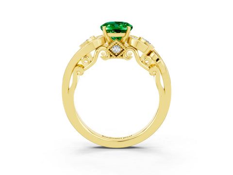 Yellow gold Oval Cut Emerald Solitaire Ring with Milgrain Pavé Band and Four-Prong Setting_27