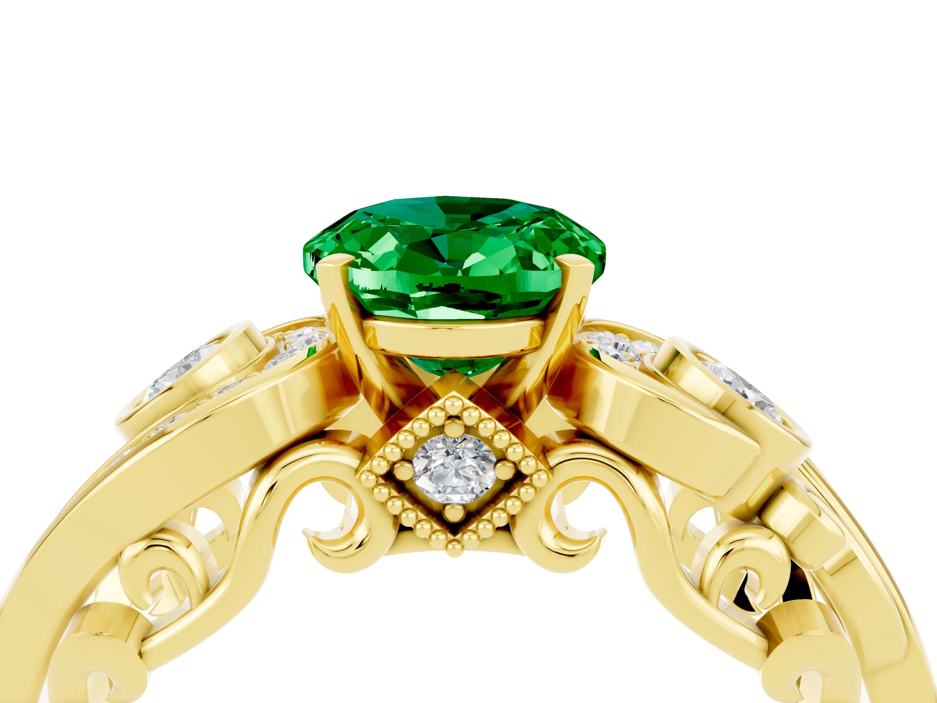 Yellow gold Oval Cut Emerald Solitaire Ring with Milgrain Pavé Band and Four-Prong Setting_28