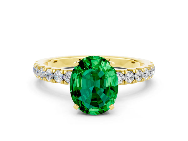 Yellow gold Oval Cut Emerald Solitaire Ring with Pavé Accents and Four-Prong Setting