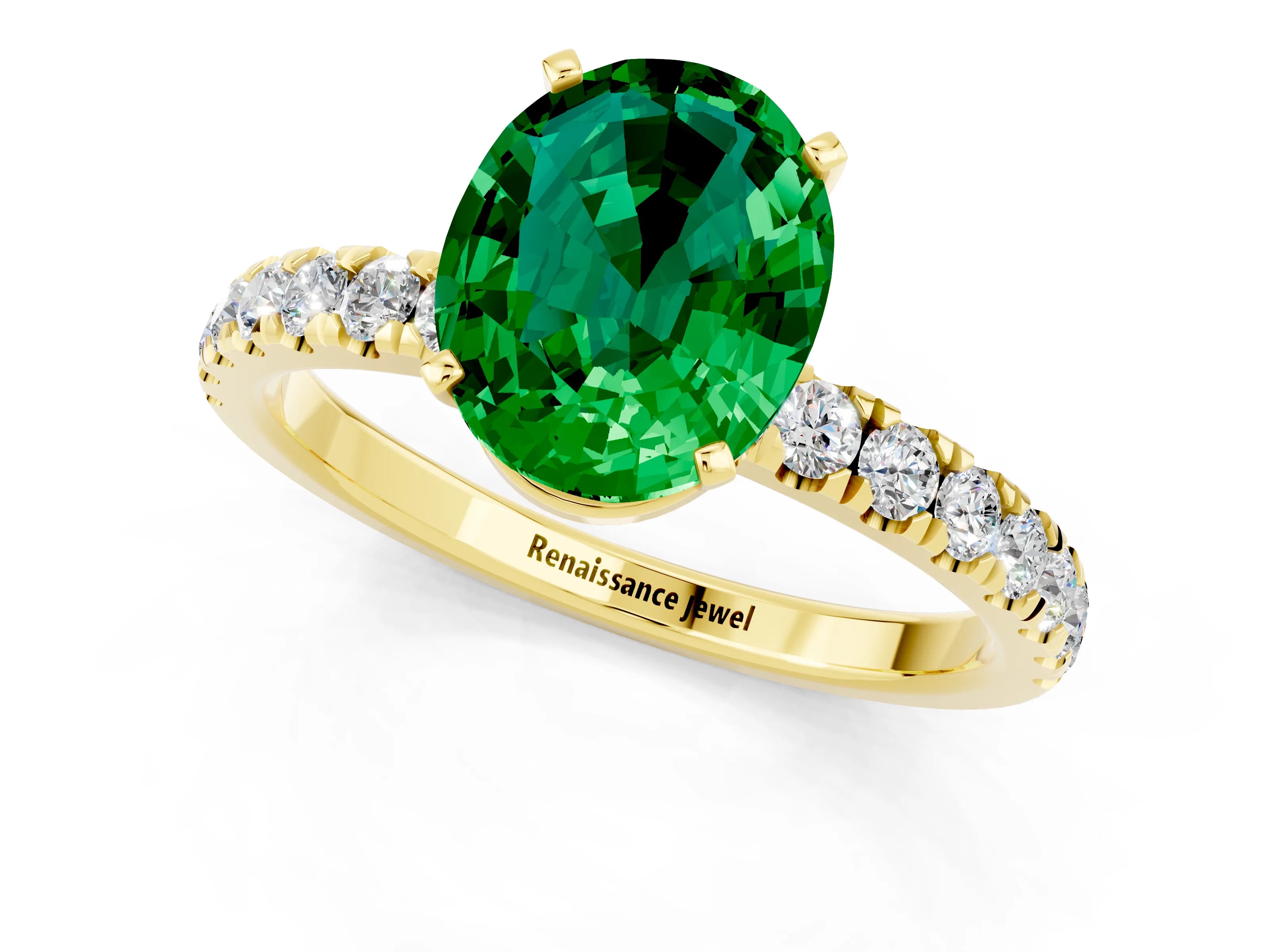 Yellow gold Oval Cut Emerald Solitaire Ring with Pavé Accents and Four-Prong Setting_1