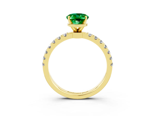 Yellow gold Oval Cut Emerald Solitaire Ring with Pavé Accents and Four-Prong Setting