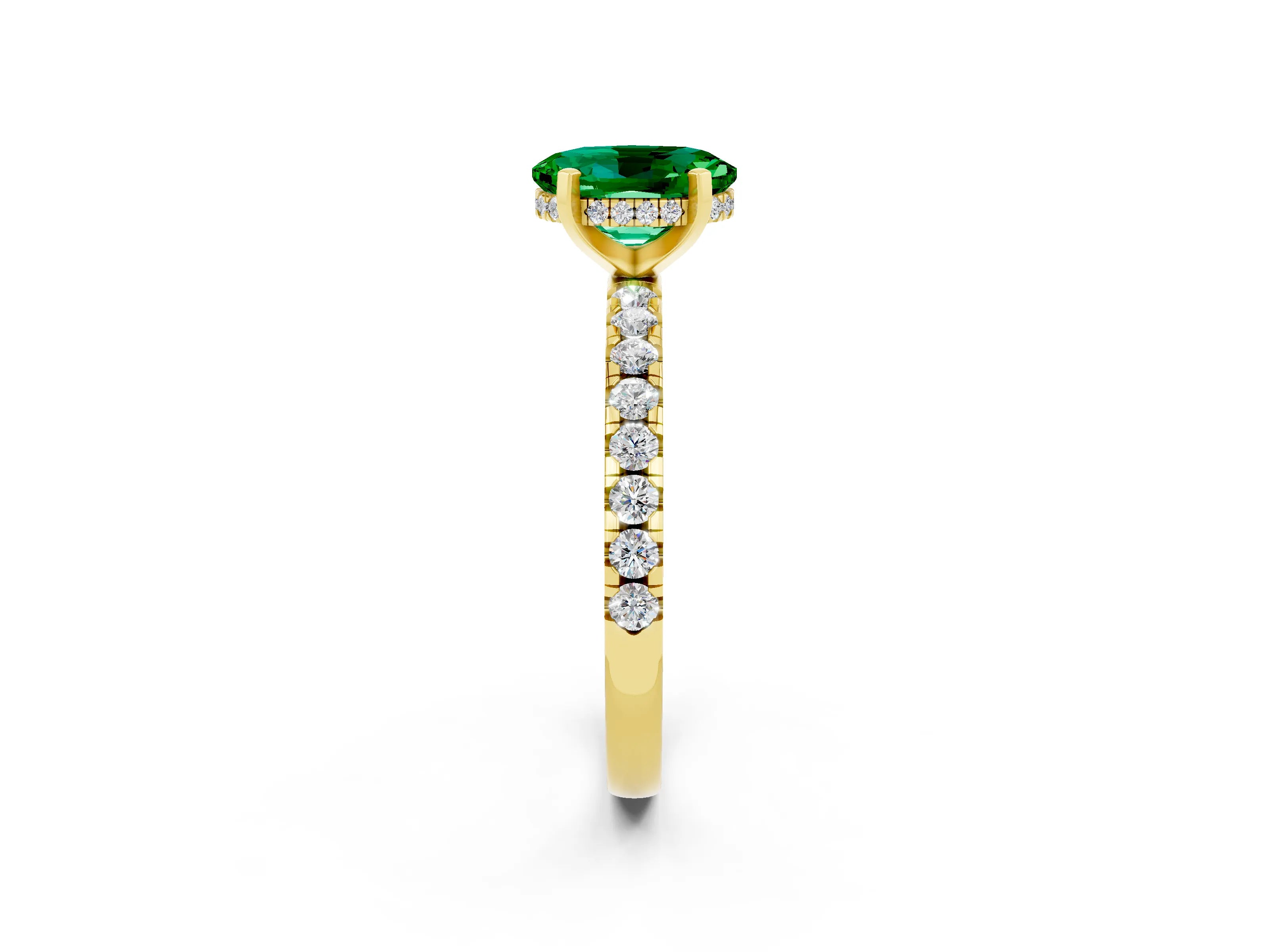 Yellow gold Oval Cut Emerald Solitaire Ring with Pavé Band and Four-Prong Setting_26