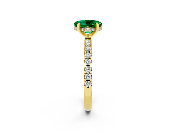 Yellow gold Oval Cut Emerald Solitaire Ring with Round  Pavé Band and Four-Prong Setting