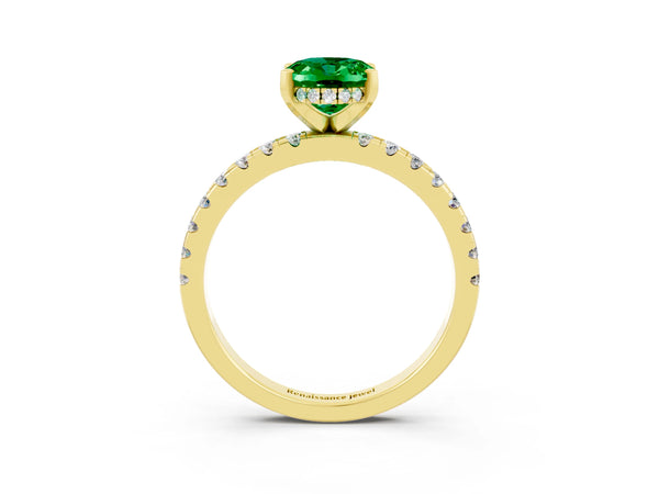Yellow gold Oval Cut Emerald Solitaire Ring with Round  Pavé Band and Four-Prong Setting