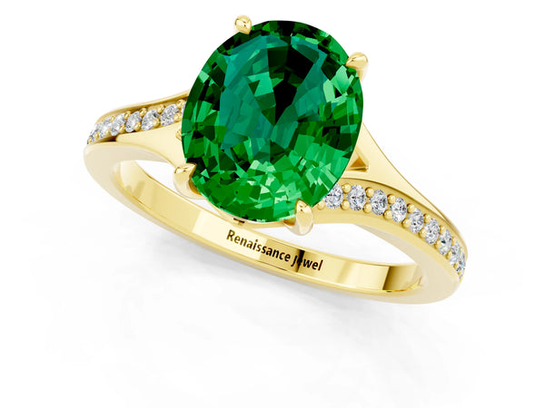 Yellow gold Oval Cut Emerald Solitaire Ring with Pavé Band and Prong Setting