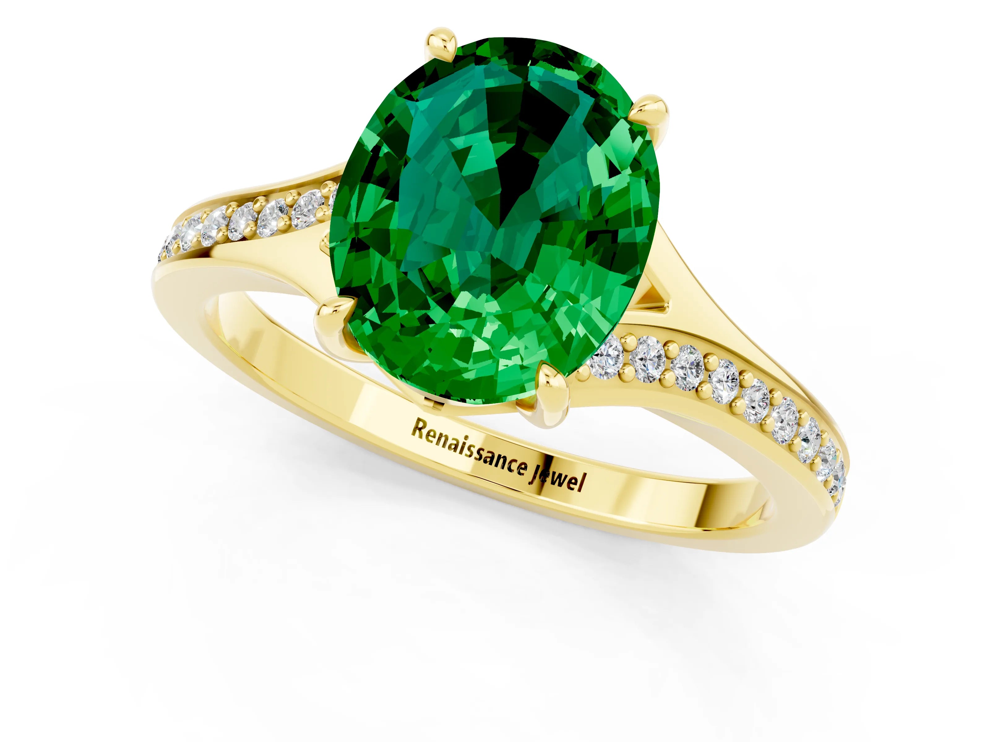 Yellow gold Oval Cut Emerald Solitaire Ring with Pavé Band and Prong Setting_13