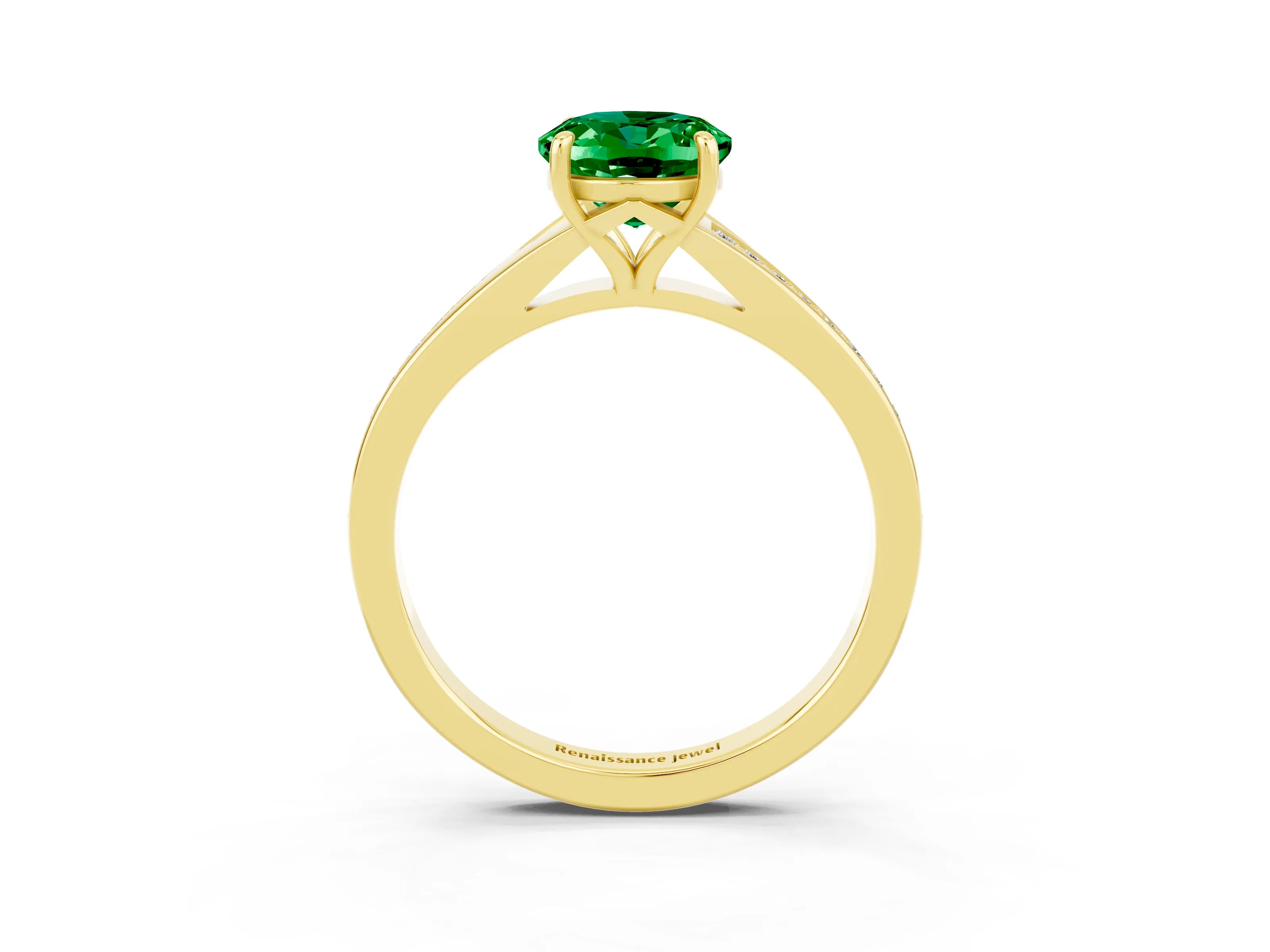 Yellow gold Oval Cut Emerald Solitaire Ring with Pavé Band and Prong Setting_15