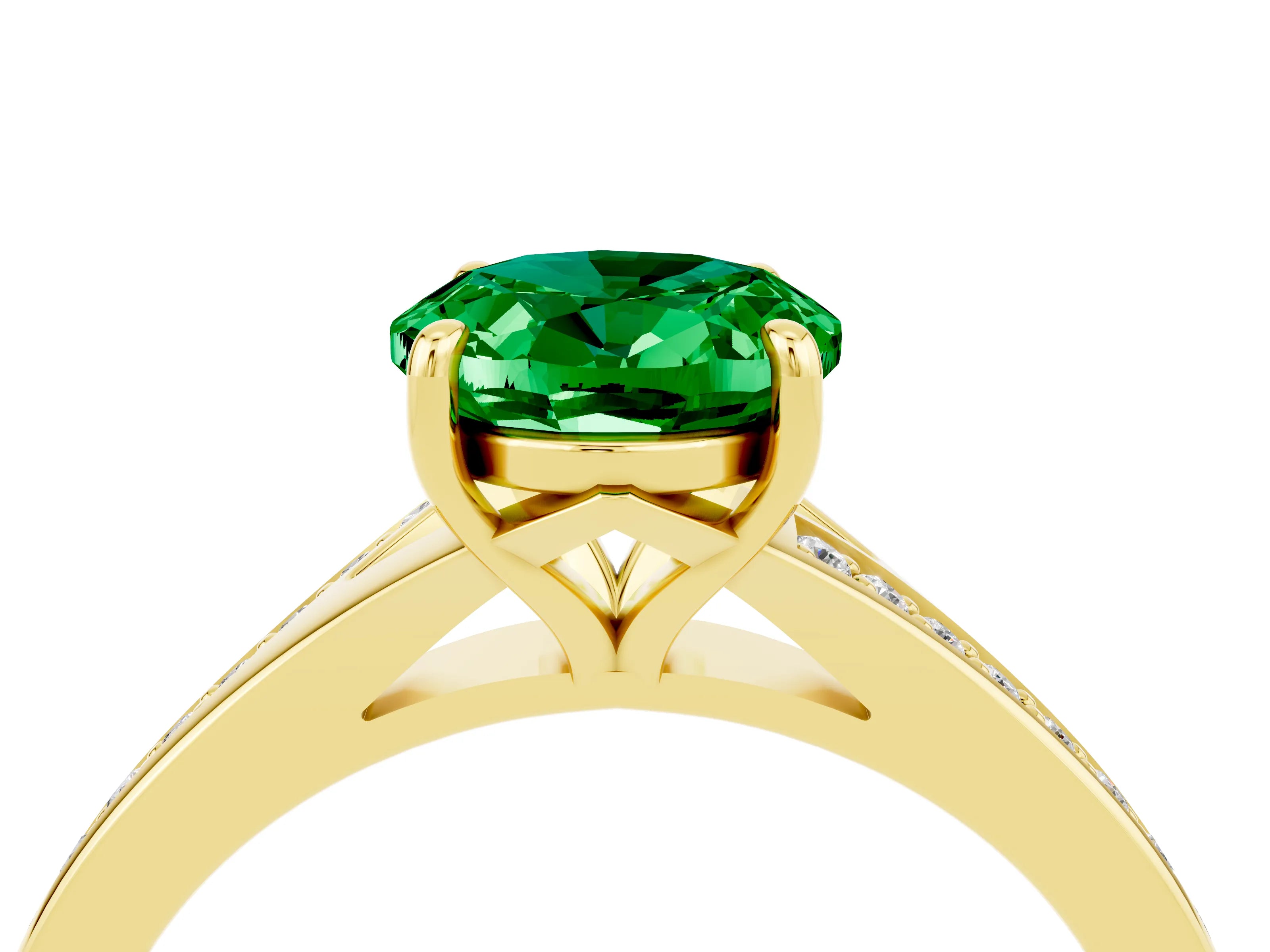 Yellow gold Oval Cut Emerald Solitaire Ring with Pavé Band and Prong Setting_16
