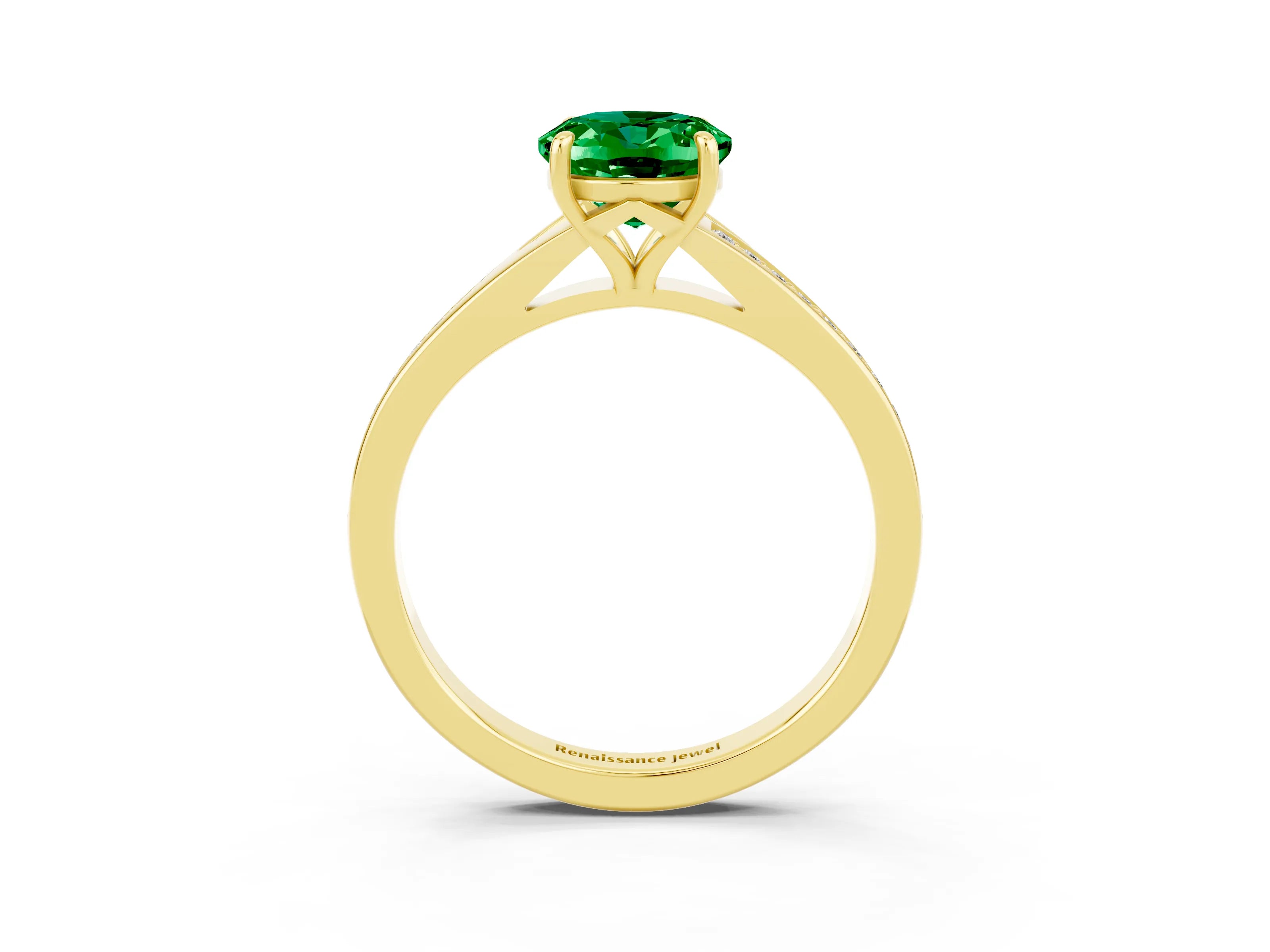 Yellow gold Oval Cut Emerald Solitaire Ring with Pavé Band and Prong Setting_3