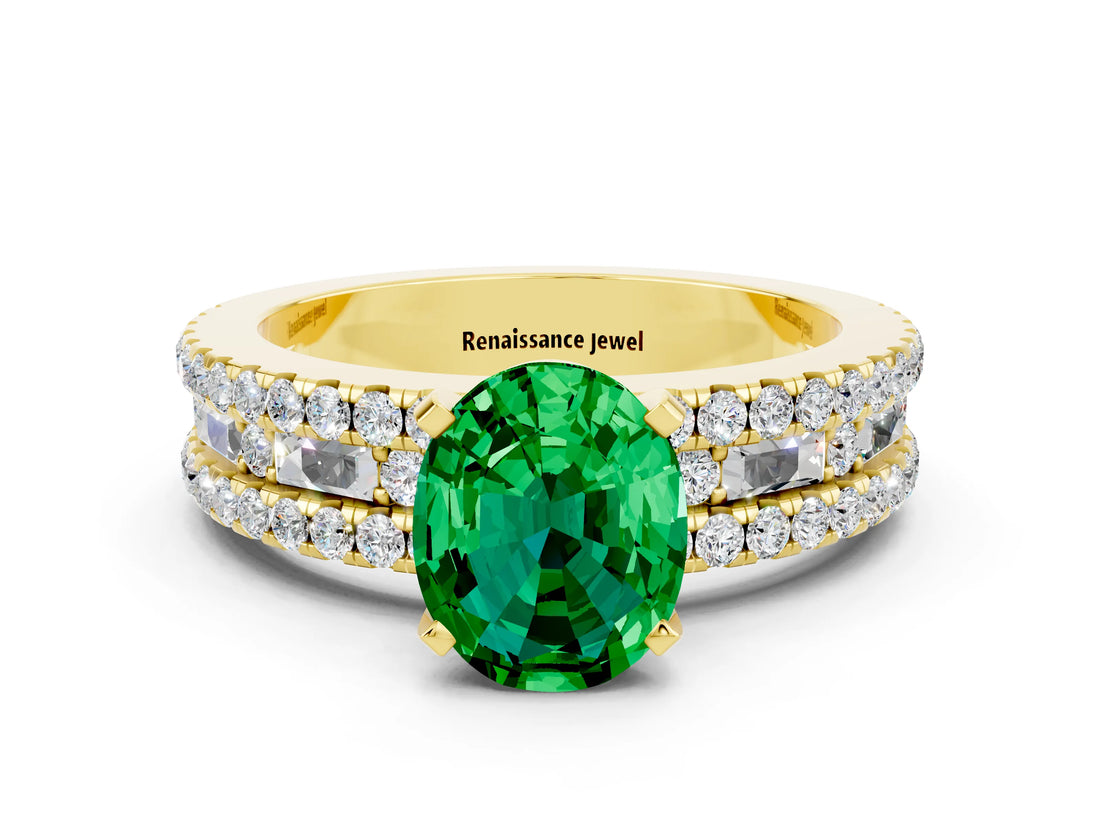 Yellow gold Oval Cut Emerald Solitaire Ring with Pavé and Channel Set Band