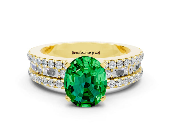 Yellow gold Oval Cut Emerald Solitaire Ring with Pavé and Channel Set Band