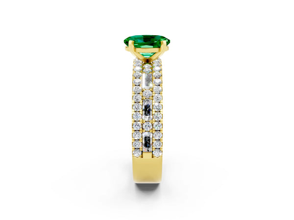Yellow gold Oval Cut Emerald Solitaire Ring with Pavé and Channel Set Band