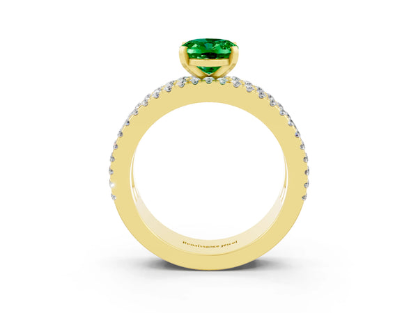 Yellow gold Oval Cut Emerald Solitaire Ring with Pavé and Channel Set Band