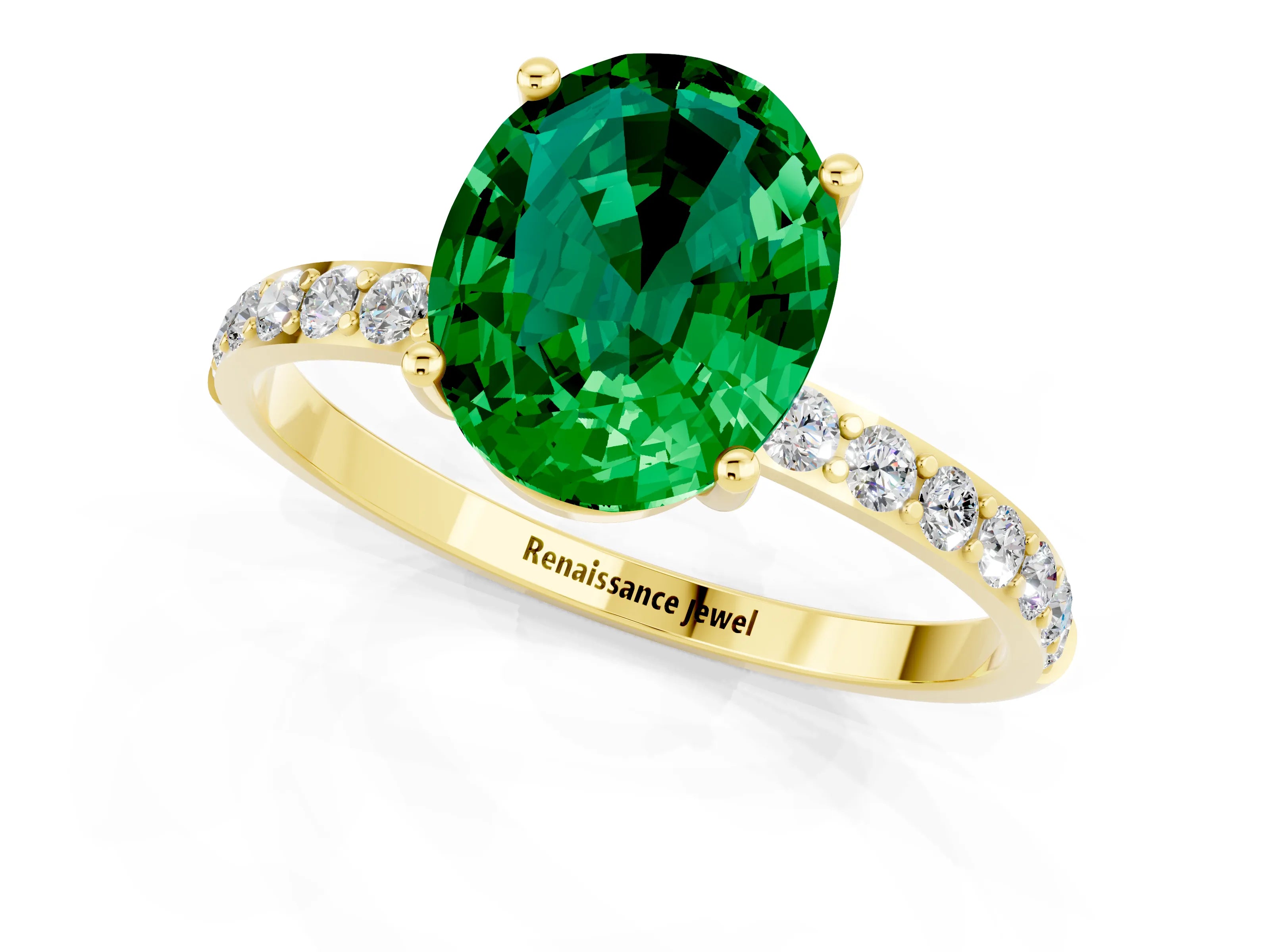 Yellow gold Oval Cut Emerald Solitaire Ring with Pave Band and Four Prong Setting_25