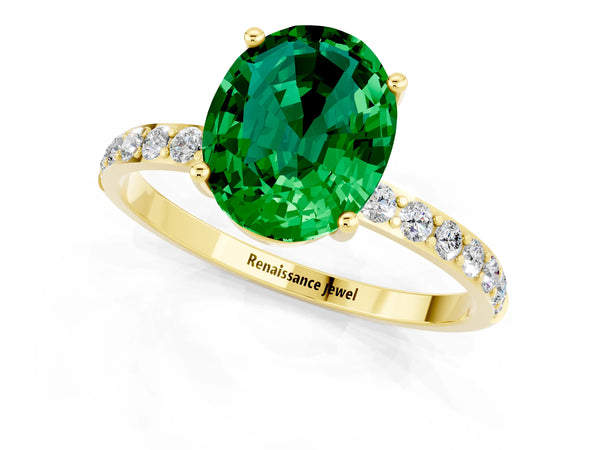 Yellow gold Oval Cut Emerald Solitaire Ring with Round  Pavé Band and Prong Setting