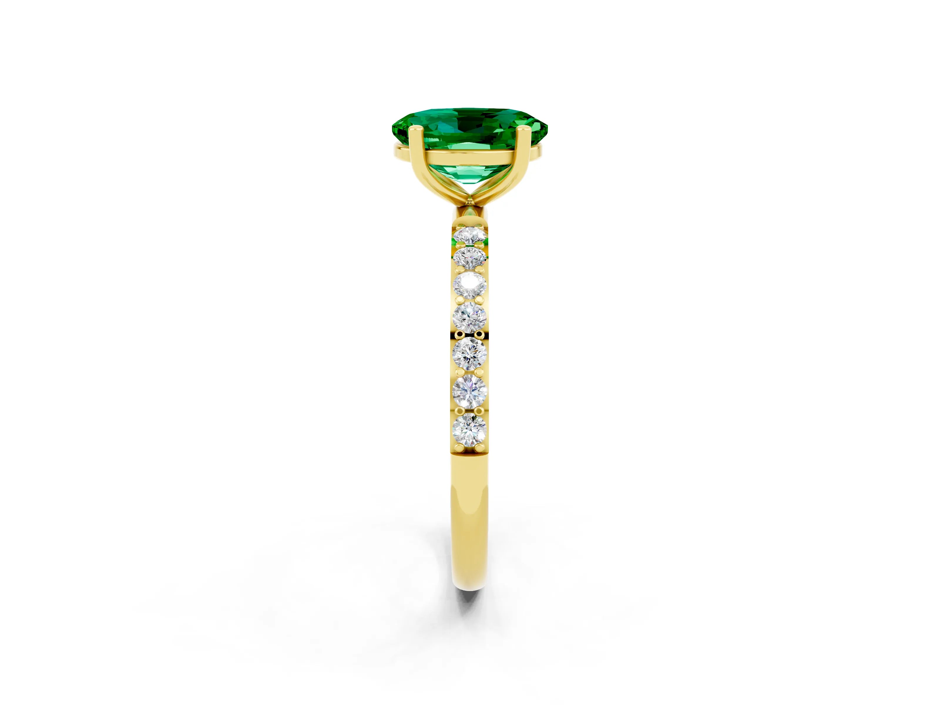 Yellow gold Oval Cut Emerald Solitaire Ring with Pave Band and Four Prong Setting_26