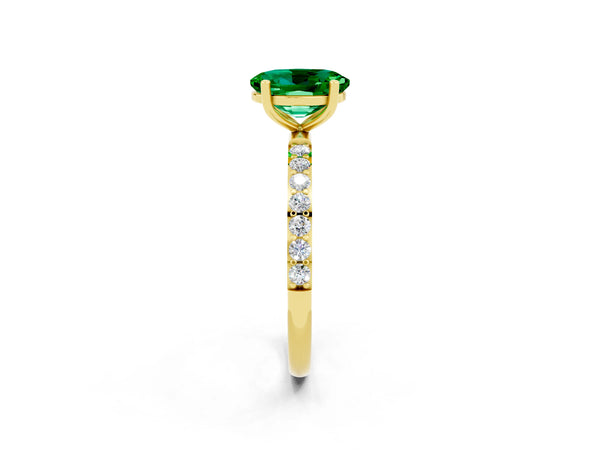 Yellow gold Oval Cut Emerald Solitaire Ring with Round  Pavé Band and Prong Setting