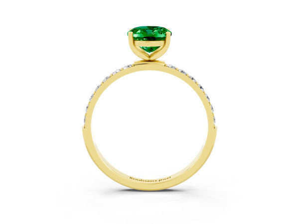 Yellow gold Oval Cut Emerald Solitaire Ring with Round  Pavé Band and Prong Setting
