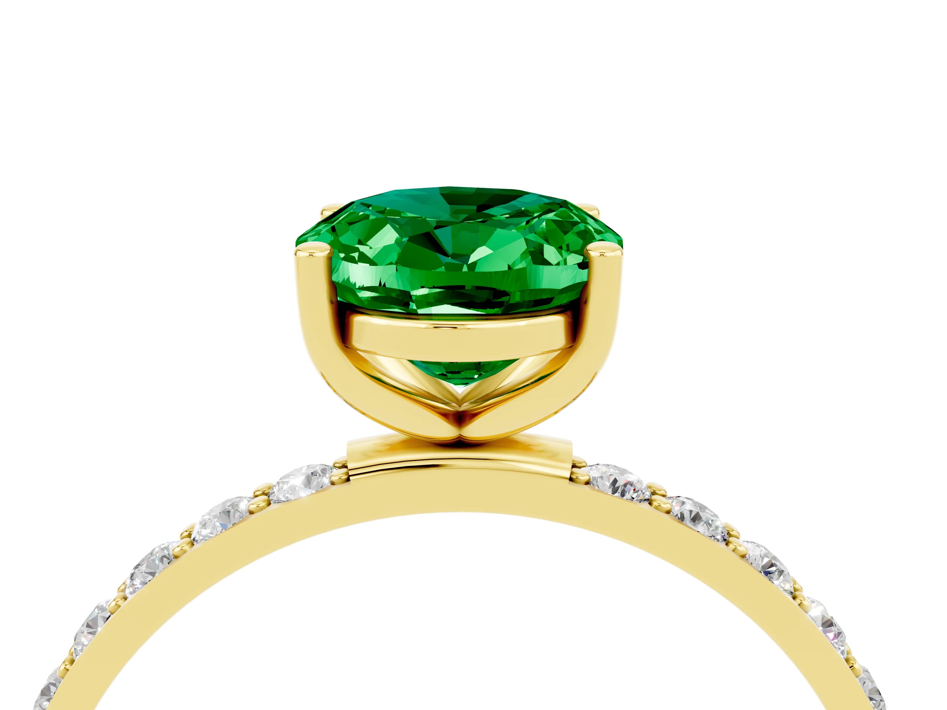 Yellow gold Oval Cut Emerald Solitaire Ring with Pave Band and Four Prong Setting_28