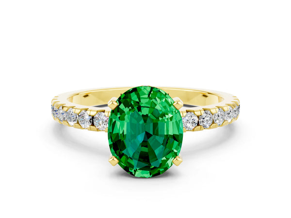 Yellow gold Oval Cut Emerald Solitaire Ring with Round  Pavé Band and Four-Prong Setting