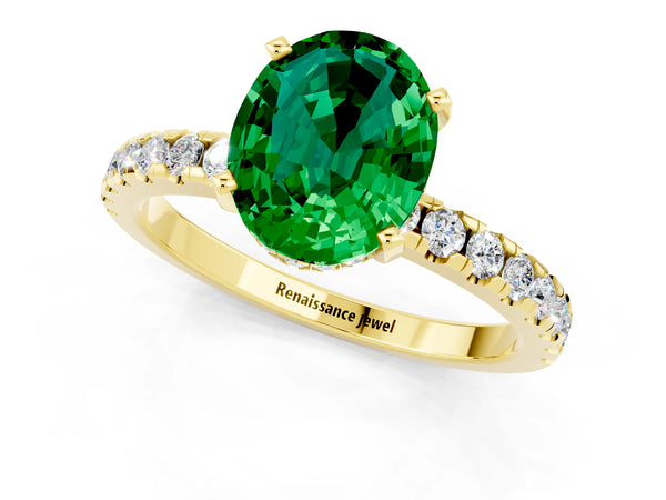 Yellow gold Oval Cut Emerald Solitaire Ring with Round  Pavé Band and Four-Prong Setting