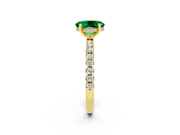 Yellow gold Oval Cut Emerald Solitaire Ring with Round  Pavé Band and Four-Prong Setting