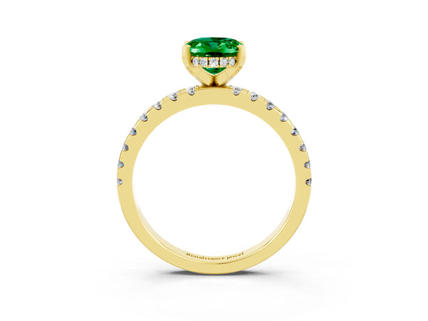 Yellow gold Oval Cut Emerald Solitaire Ring with Round  Pavé Band and Four-Prong Setting