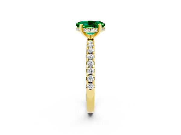 Yellow gold Oval Cut Emerald Solitaire Ring with Round Pavé Band and Four-Prong Setting