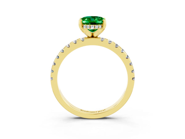 Yellow gold Oval Cut Emerald Solitaire Ring with Round Pavé Band and Four-Prong Setting