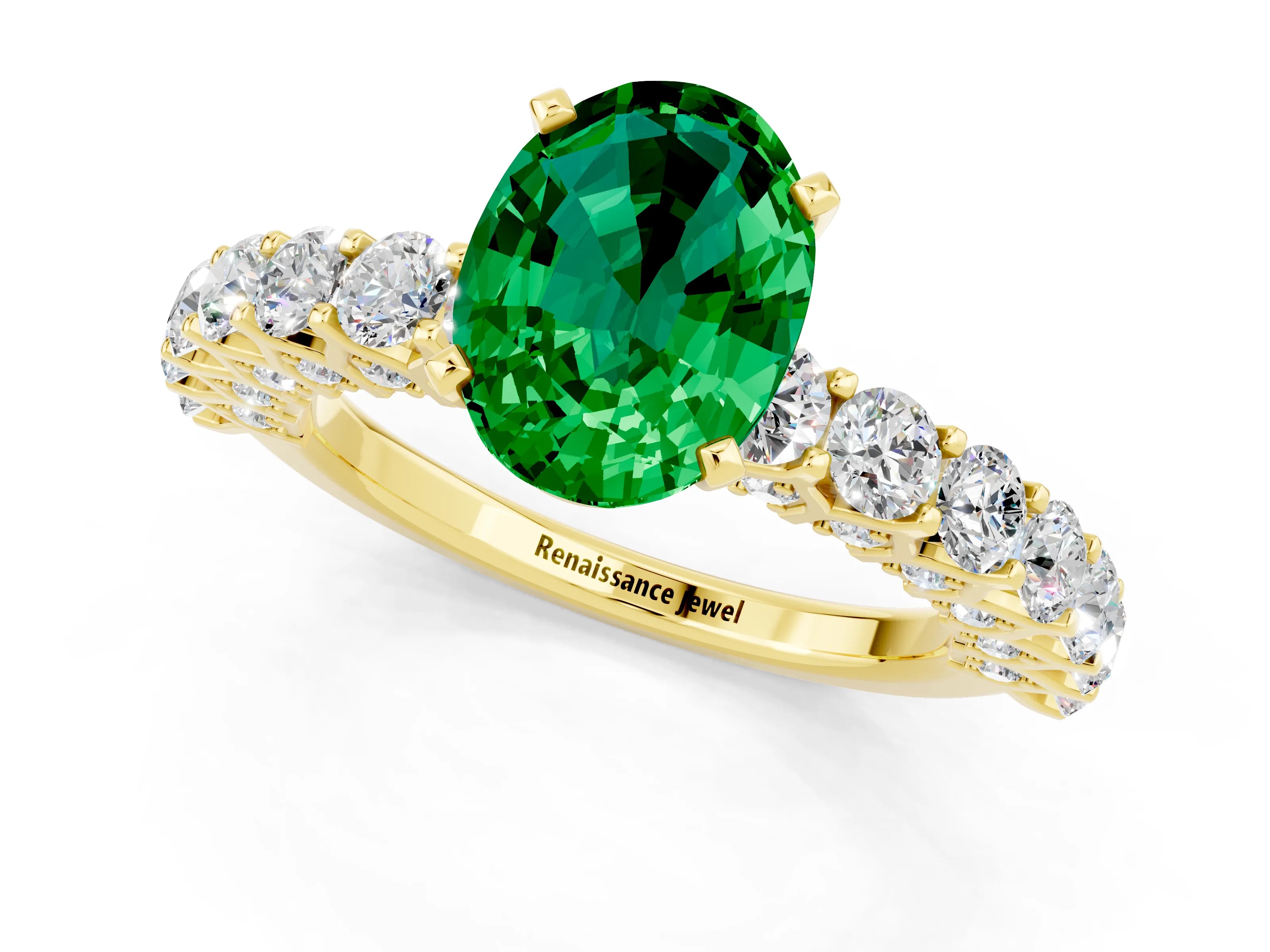 Yellow gold Oval Cut Emerald Solitaire Ring with Shared Prong Pavé Band and Four-Prong Setting_1
