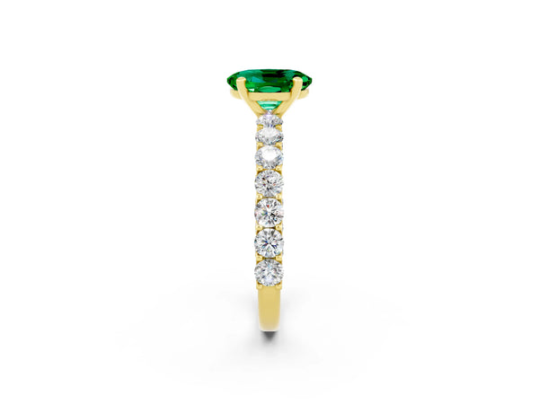 Yellow gold Oval Cut Emerald Solitaire Ring with Shared Prong Pavé Band and Four-Prong Setting