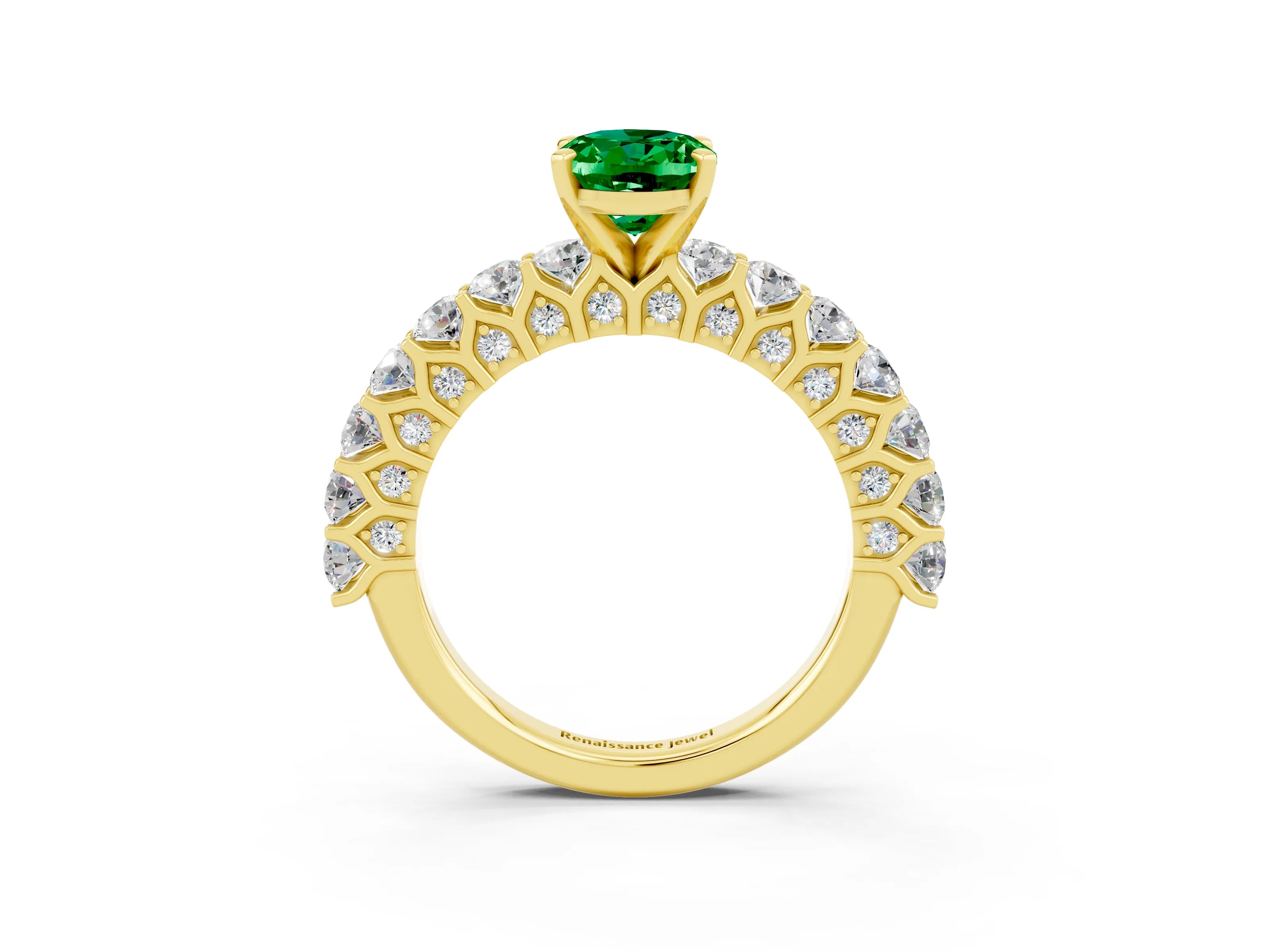 Yellow gold Oval Cut Emerald Solitaire Ring with Shared Prong Pavé Band and Four-Prong Setting_3