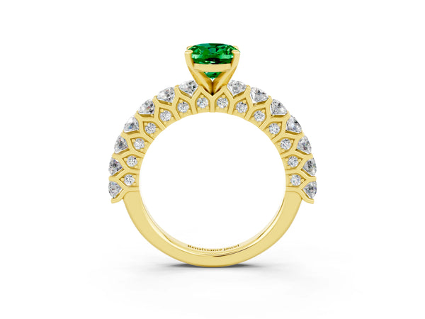 Yellow gold Oval Cut Emerald Solitaire Ring with Shared Prong Pavé Band and Four-Prong Setting