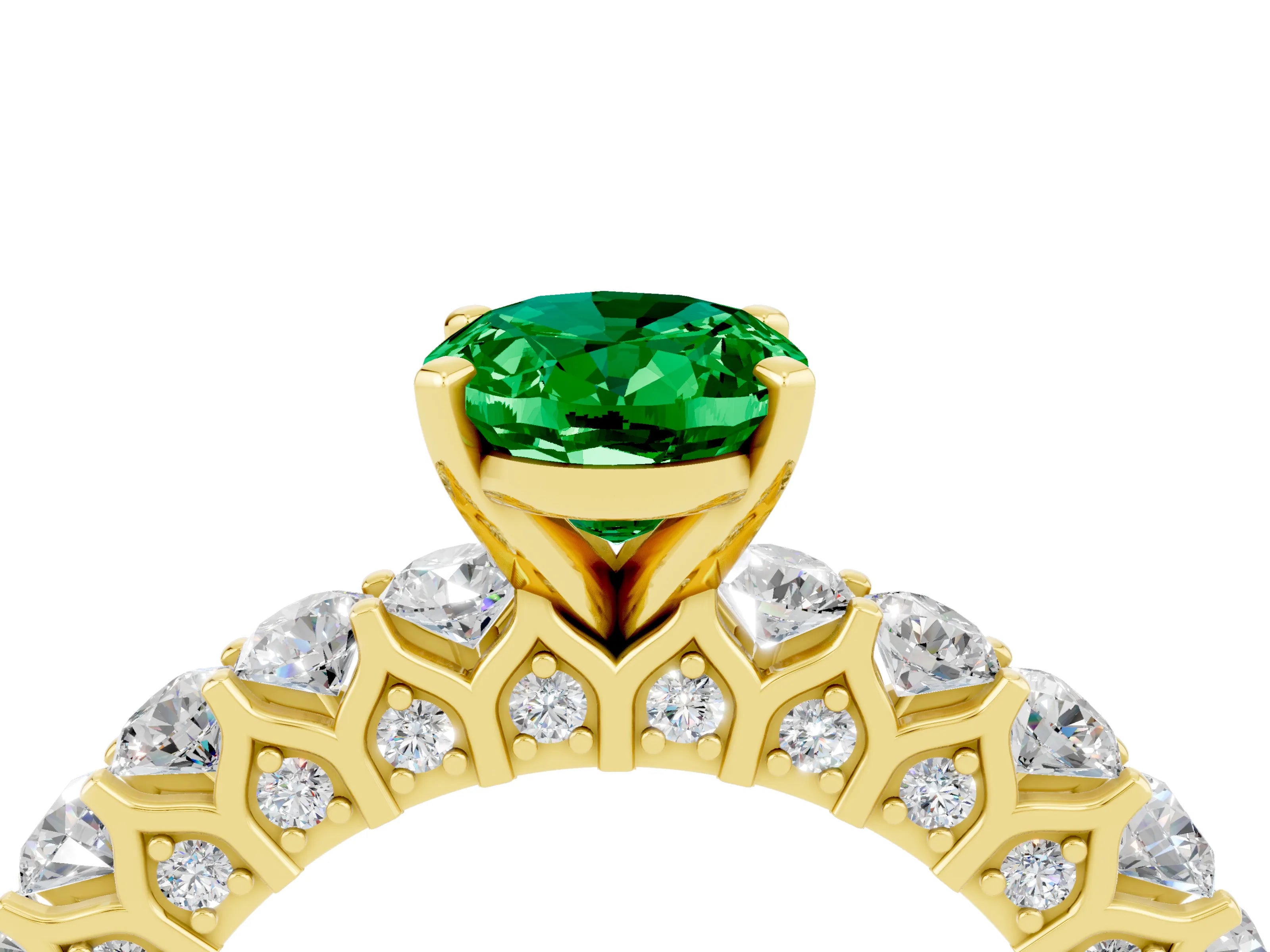 Yellow gold Oval Cut Emerald Solitaire Ring with Shared Prong Pavé Band and Four-Prong Setting_4
