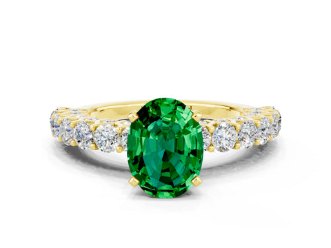 Yellow gold Oval Cut Emerald Solitaire Ring with Shared Prong Pavé Band and Four-Prong Setting