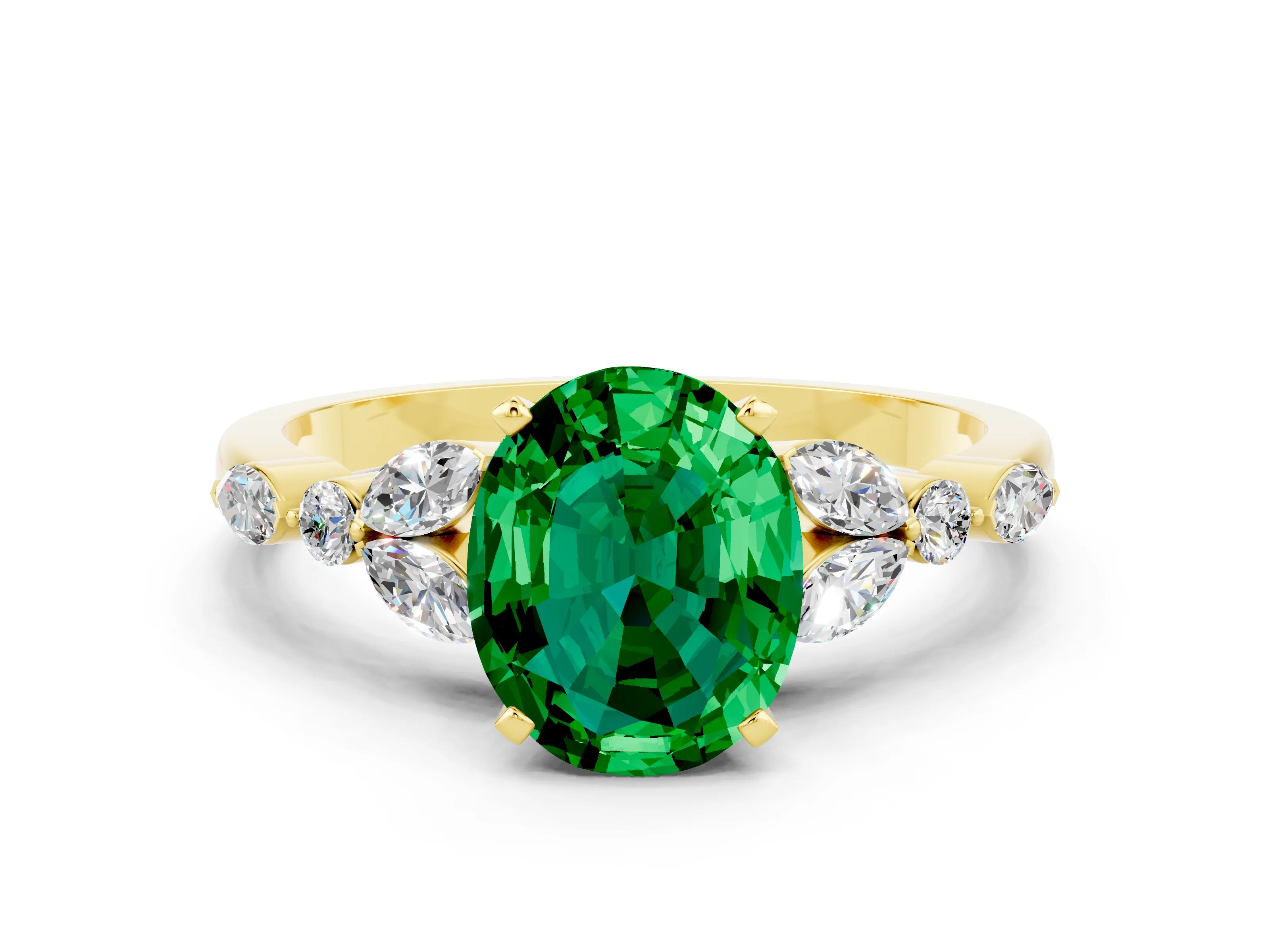 Yellow gold Oval Cut Emerald Solitaire Ring with Side Stones and Four-Prong Setting_12