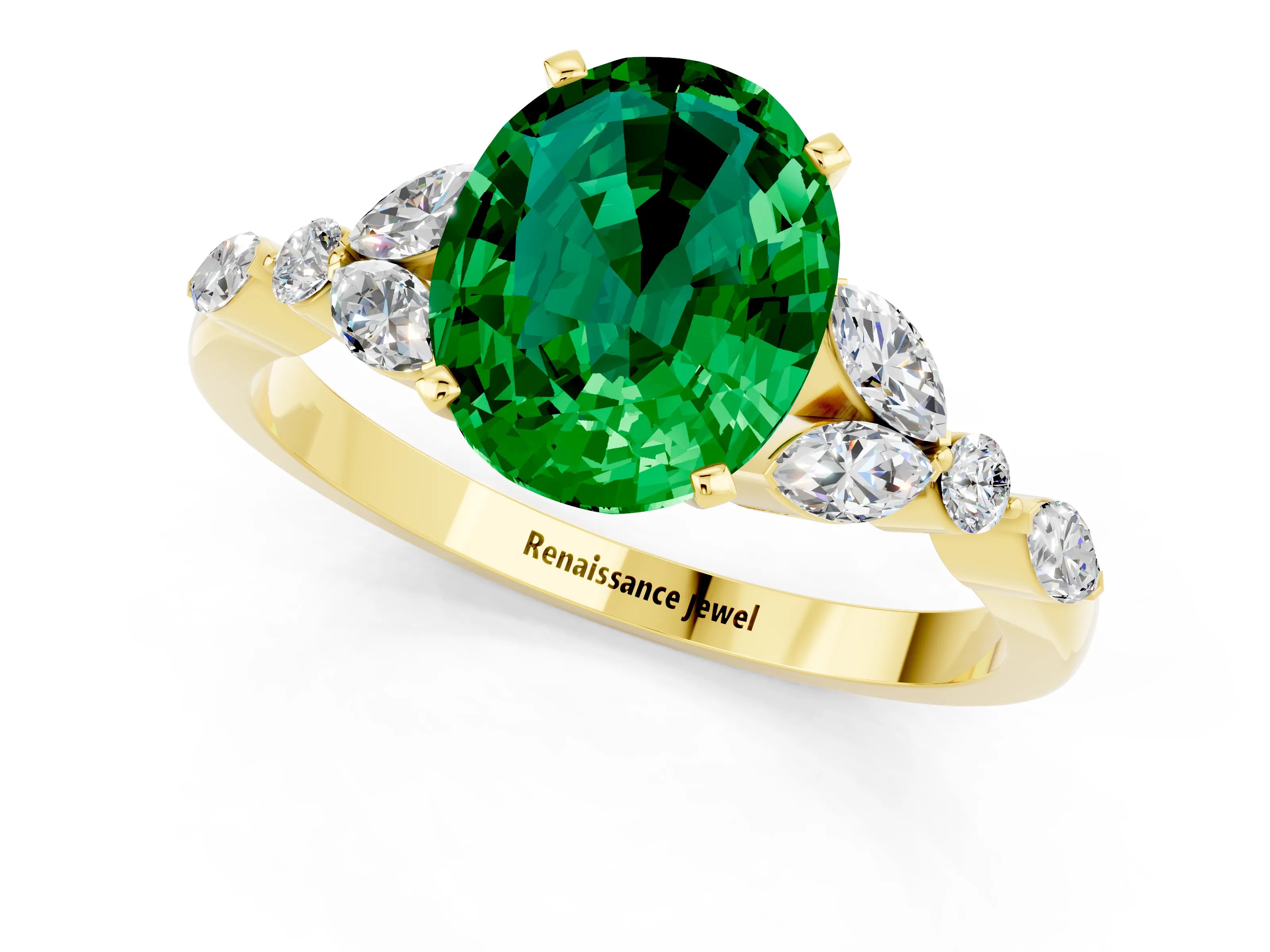 Yellow gold Oval Cut Emerald Solitaire Ring with Side Stones and Four-Prong Setting_13