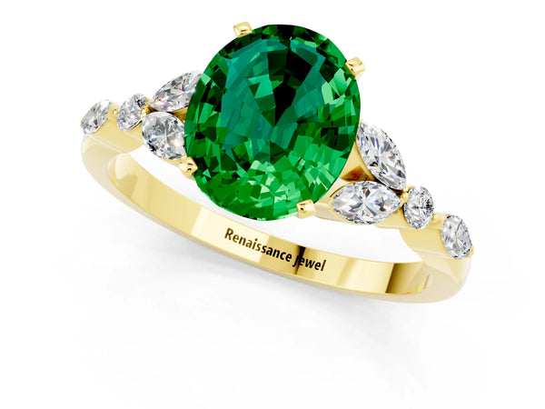 Yellow gold Oval Cut Emerald Solitaire Ring with Side Stones and Four-Prong Setting