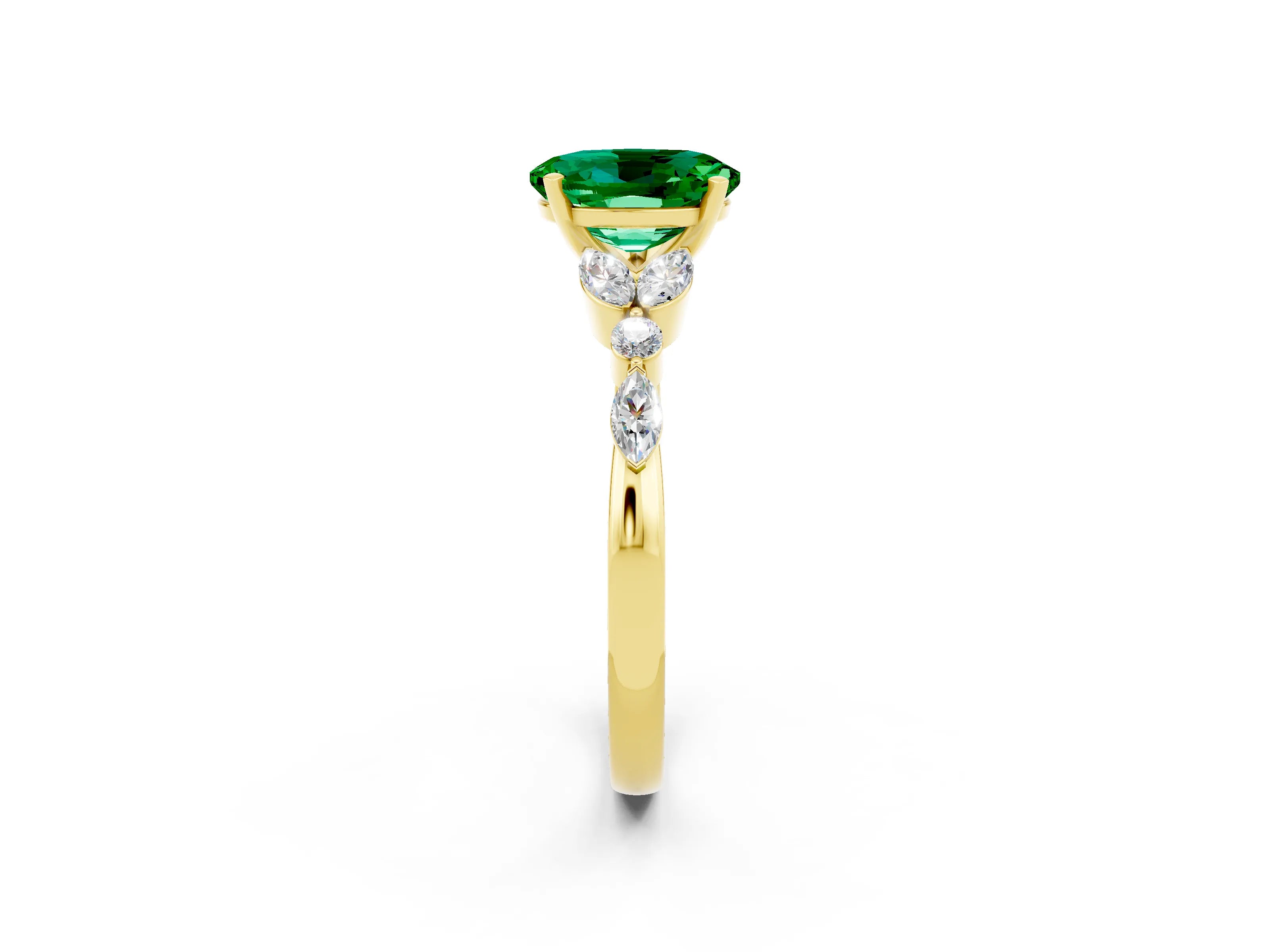 Yellow gold Oval Cut Emerald Solitaire Ring with Side Stones and Four-Prong Setting_14
