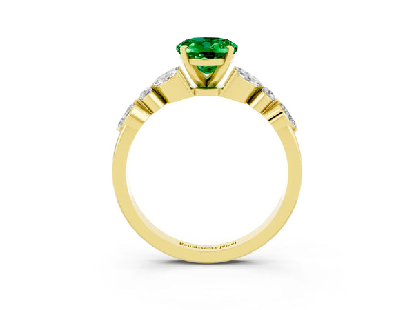 Yellow gold Oval Cut Emerald Solitaire Ring with Side Stones and Four-Prong Setting
