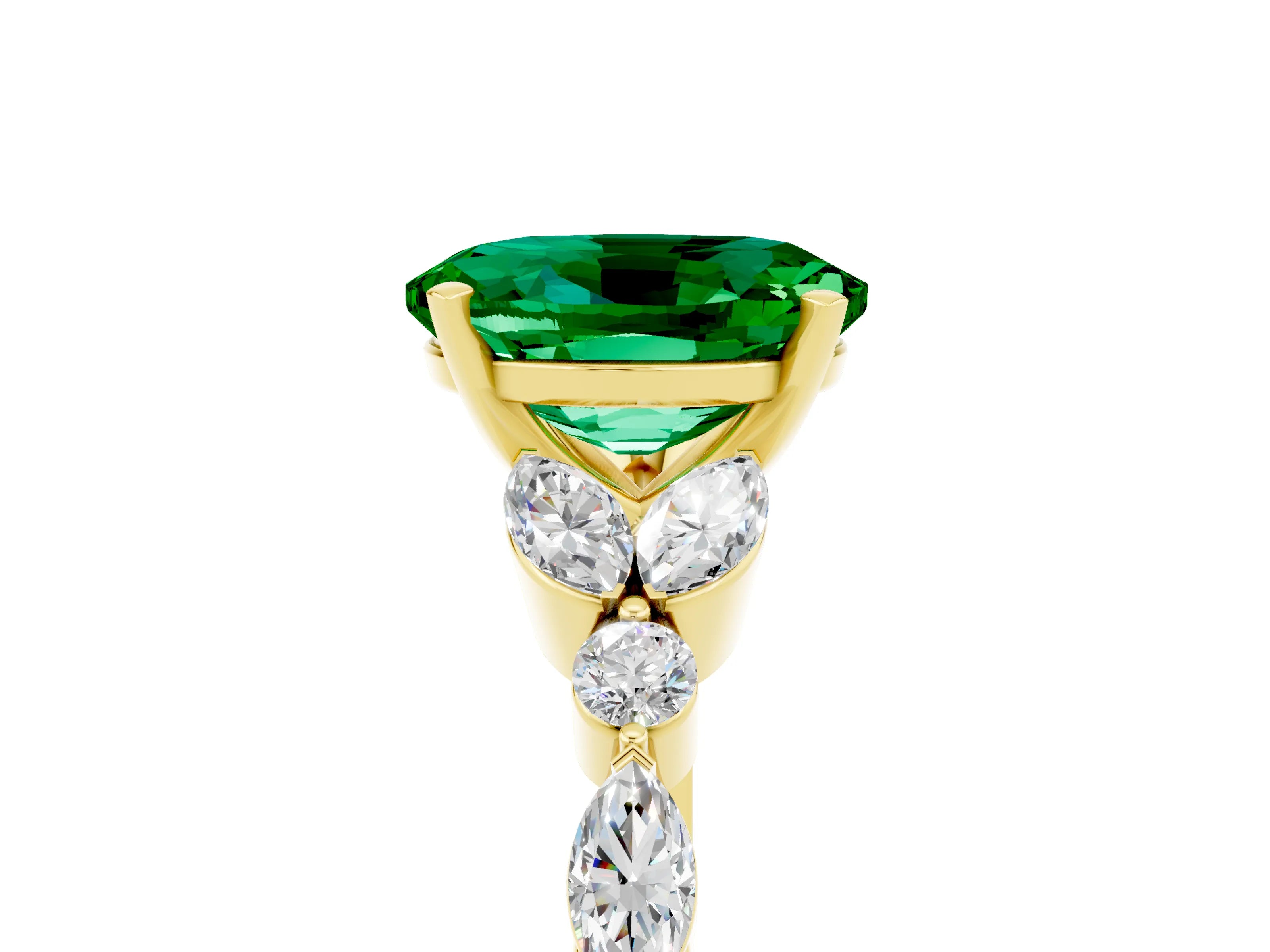 Yellow gold Oval Cut Emerald Solitaire Ring with Side Stones and Four-Prong Setting_17