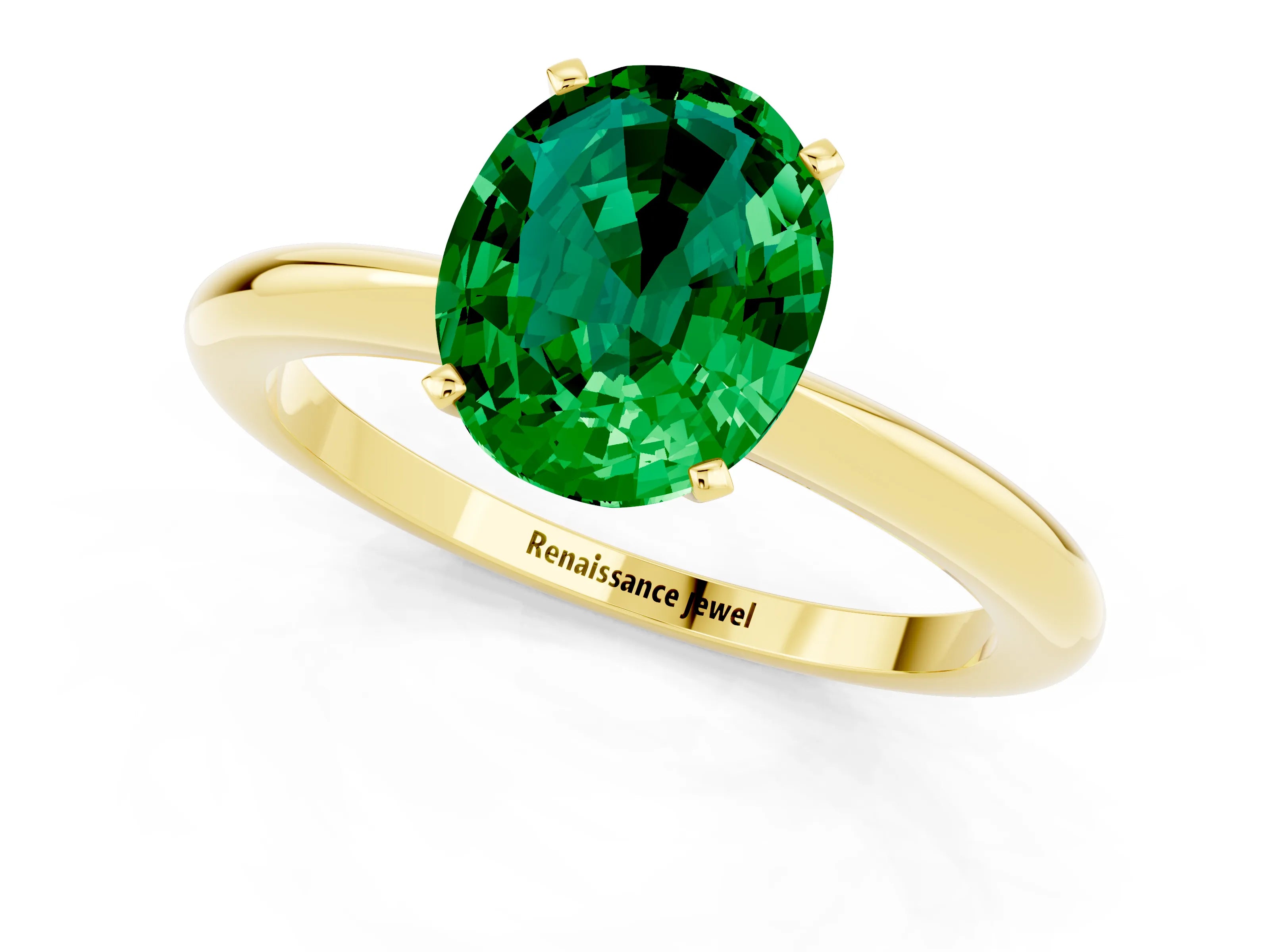 Yellow gold Oval Cut Emerald Solitaire Ring with Six-Prong Setting and Classic Band_1