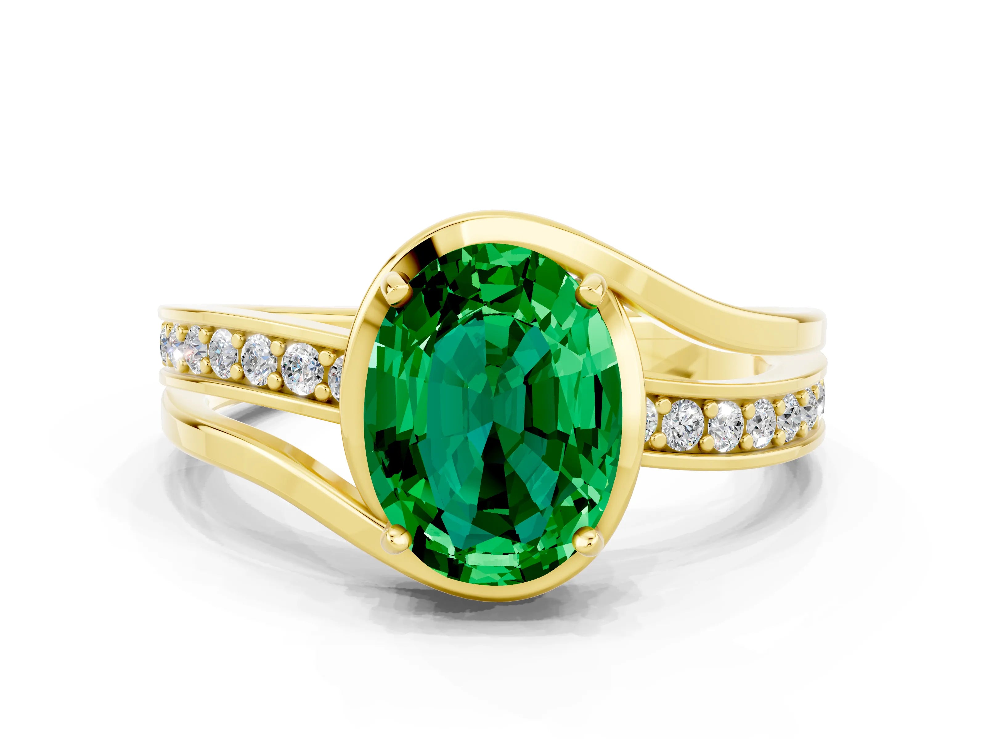 Yellow gold Oval Cut Emerald Solitaire Ring with Split Shank and Prong Setting