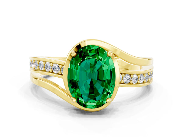 Yellow gold Oval Cut Emerald Solitaire Ring with Split Shank and Prong Setting