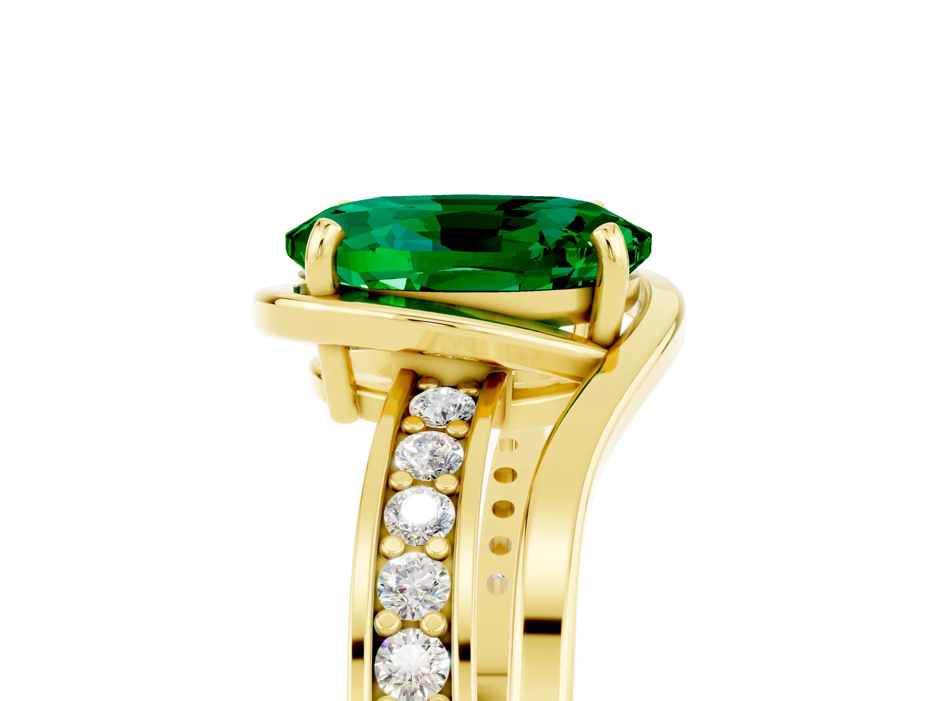 Yellow gold Oval Cut Emerald Solitaire Ring with Split Shank and Prong Setting_5