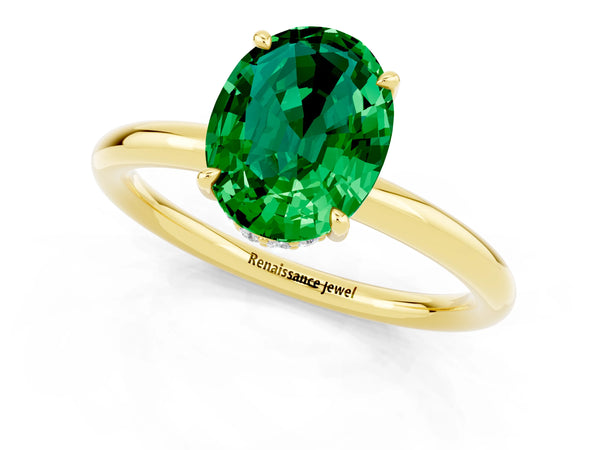 Yellow gold Oval Cut Emerald Solitaire Ring with Thin Band and Four-Prong Setting
