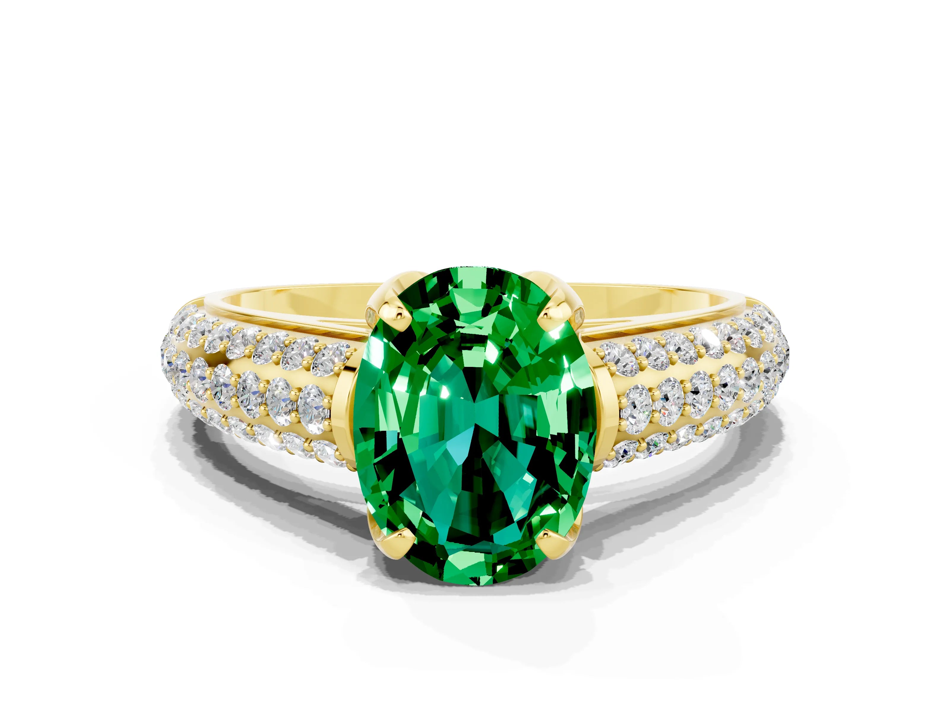 Yellow gold Oval Cut Emerald Solitaire Ring with Three-Row Pavé Band and Four-Prong Setting_12