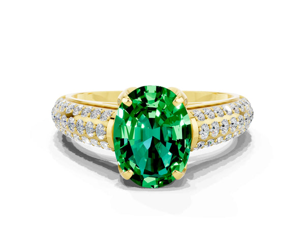 Yellow gold Oval Cut Emerald Solitaire Ring with Three-Row Pavé Band and Four-Prong Setting