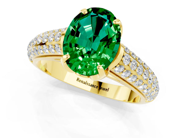 Yellow gold Oval Cut Emerald Solitaire Ring with Three-Row Pavé Band and Four-Prong Setting