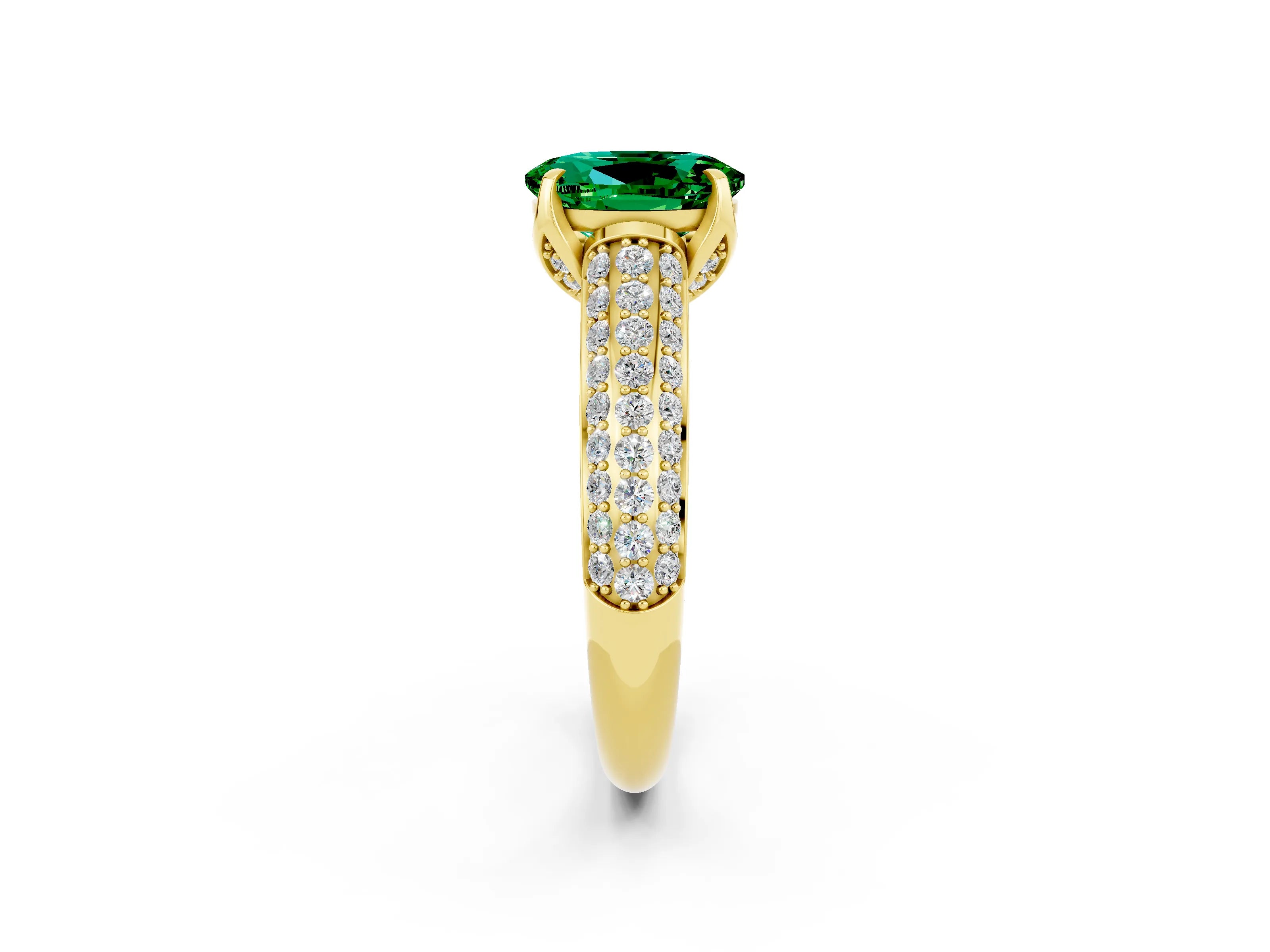 Yellow gold Oval Cut Emerald Solitaire Ring with Three-Row Pavé Band and Four-Prong Setting_14
